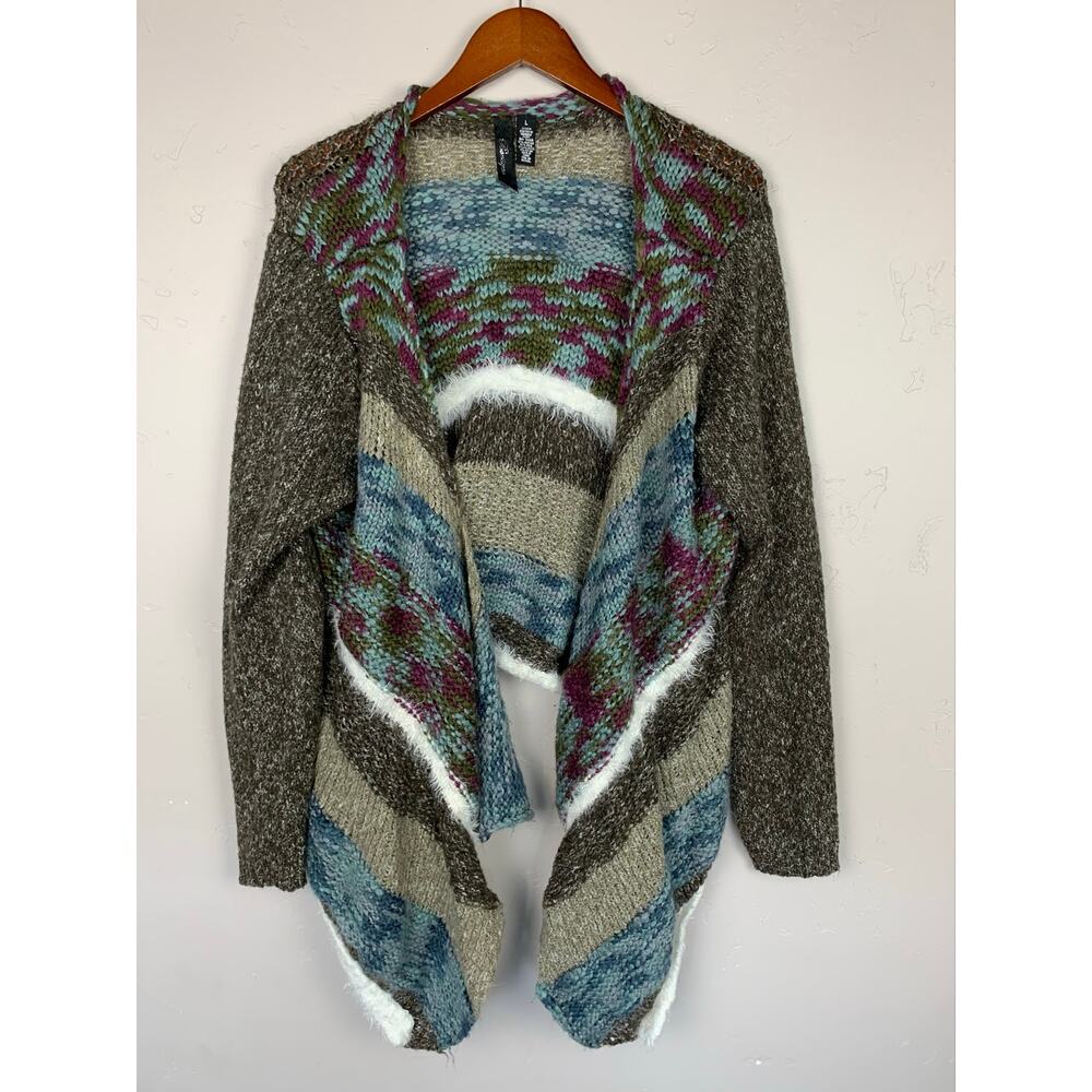 BKE Boutique Boho Fly Away Cardigan Waterfall Collar Mixed Knit Colors Women's L